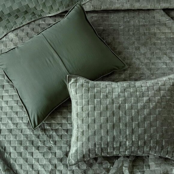 Velvet Quilt Set Green Textured Basketweave Coverlet Luxury Sage Olive Quiet Lux - Picture 3 of 4